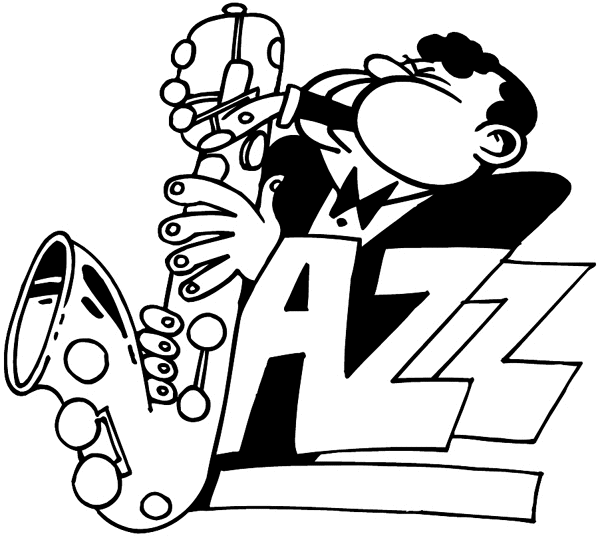 Jazz player with saxophone vinyl sticker. Customize on line. Music 061-0307